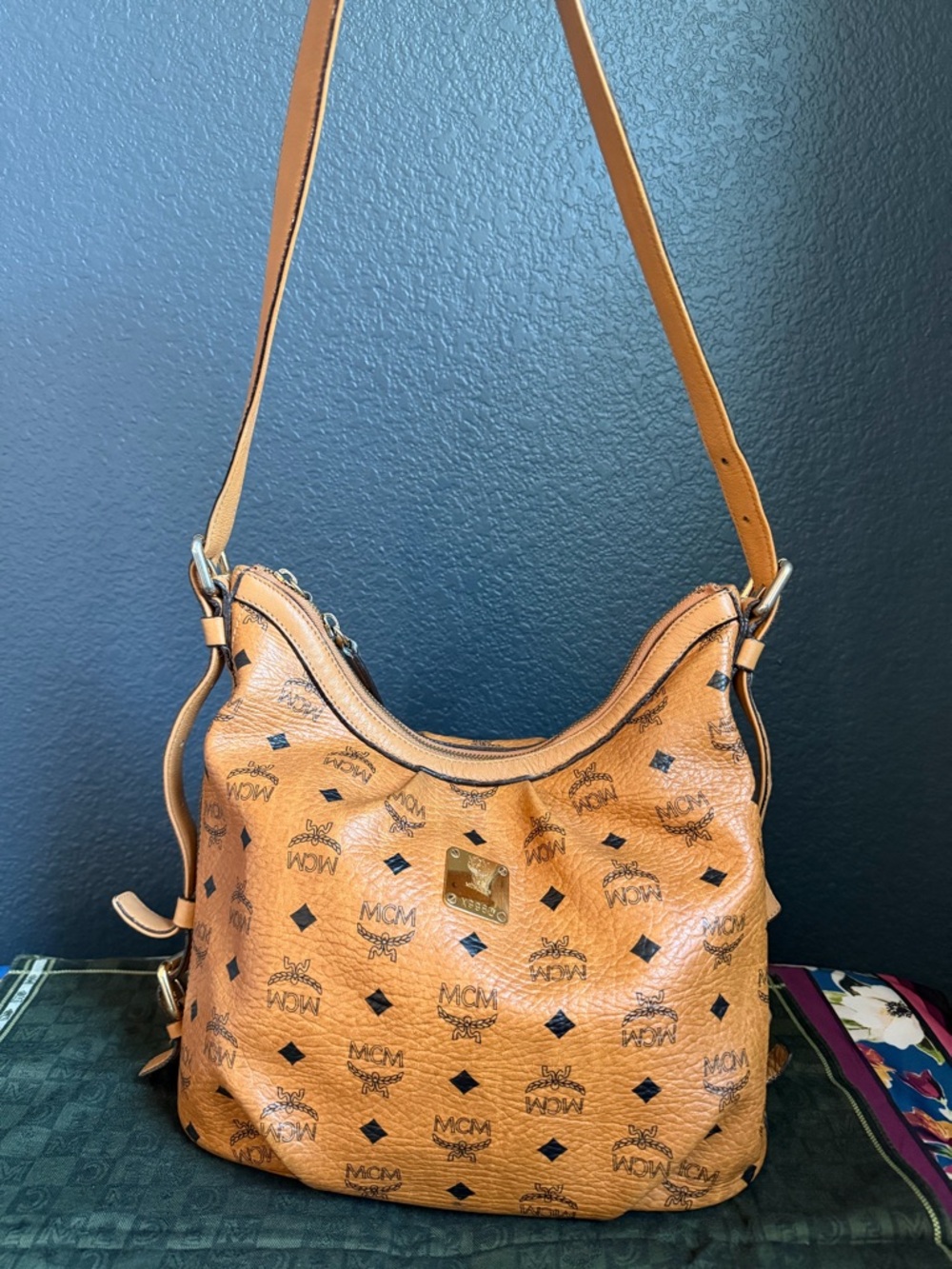 MCM Tan Visetos Logo Hobo Bag